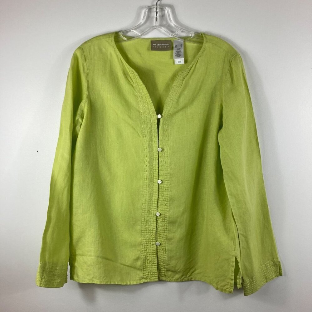 Womens Liz Claiborne Linen Button Tunic Top Blouse Green‎ S